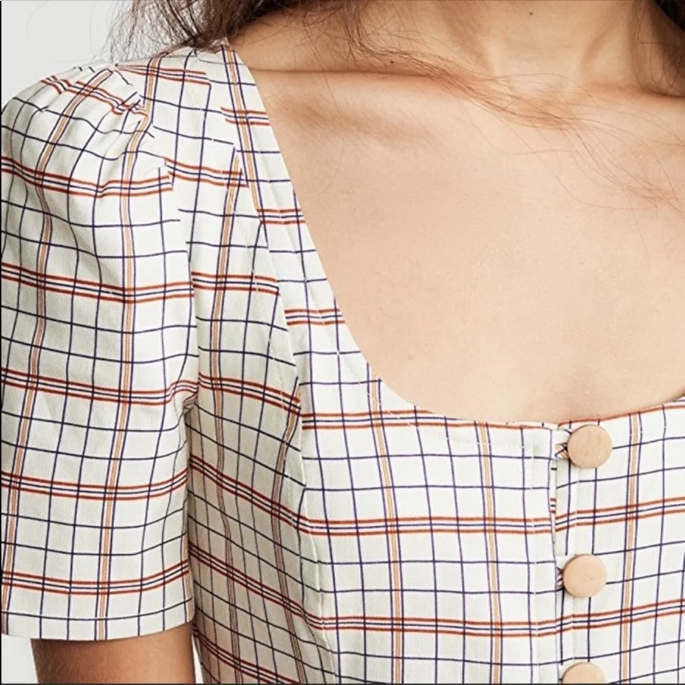 Nicholas Plaid Button Front Puff Sleeve Mini Dress Linen Blend Cream Red Size 2 - Picture 3 of 12